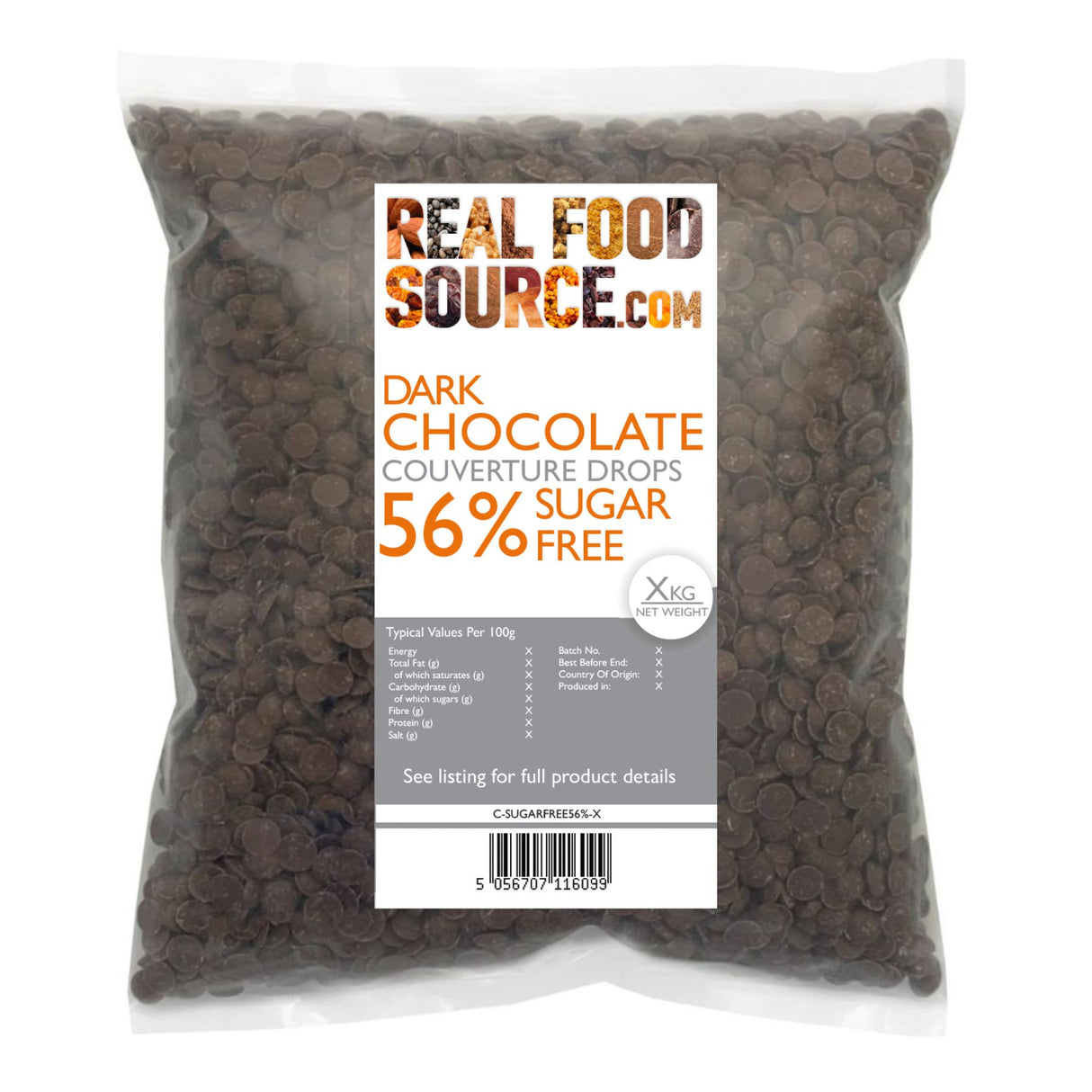 Dark Chocolate Couverture Drops 56%, Sugar-Free
