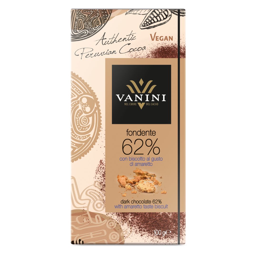 Vanini Single Origin Peru Dark Chocolate Bar 62% with Amaretto Flavoured Biscuit