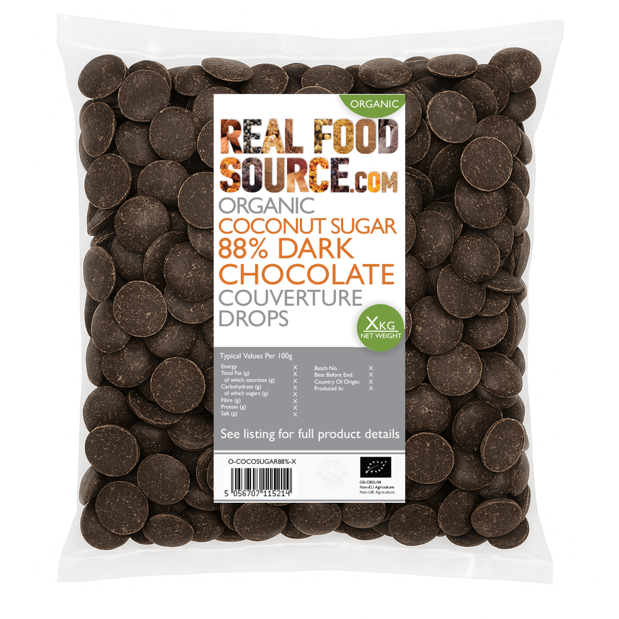 Organic Coconut Sugar 88% Dark Chocolate Couverture Drops