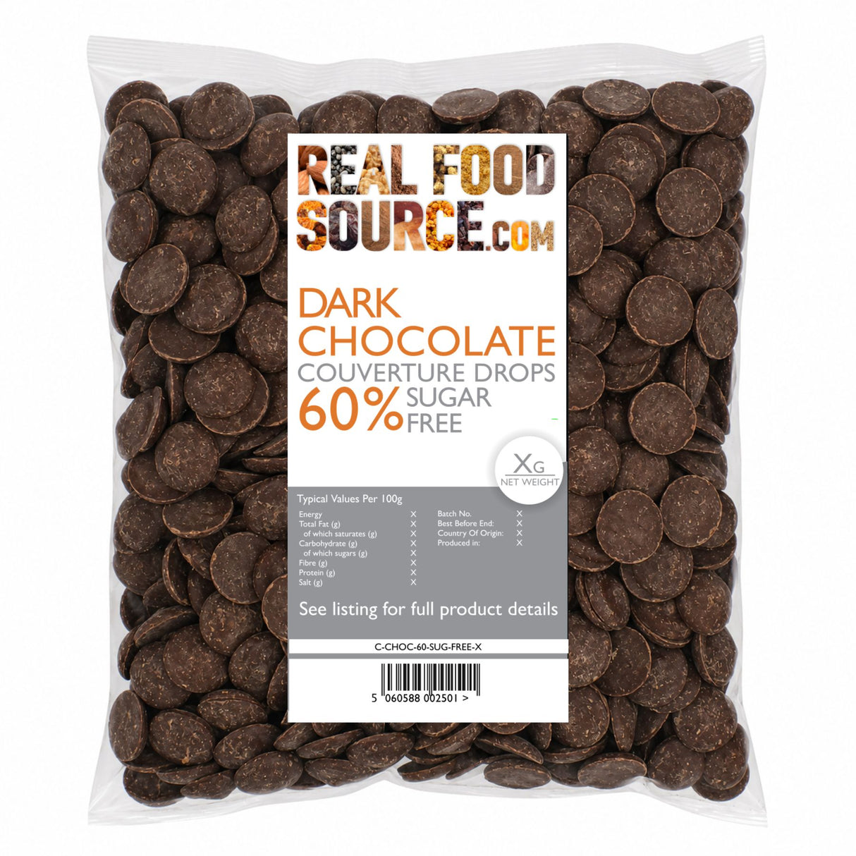 Dark Chocolate Couverture Drops 60%, Sugar-Free