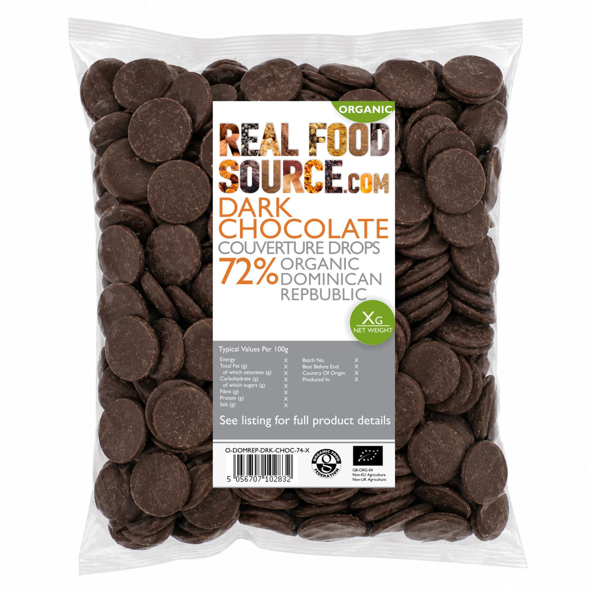 Dark Chocolate Couverture Drops 74%, Organic Dominican Republic