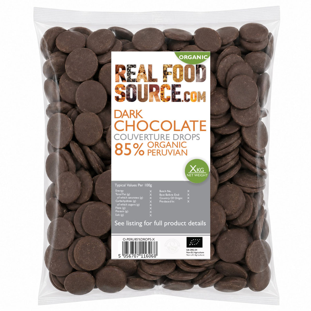 Dark Chocolate Couverture Drops 85%, Organic Peruvian