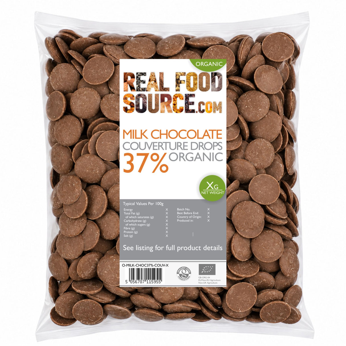 Milk Chocolate Couverture Drops 37%, Organic