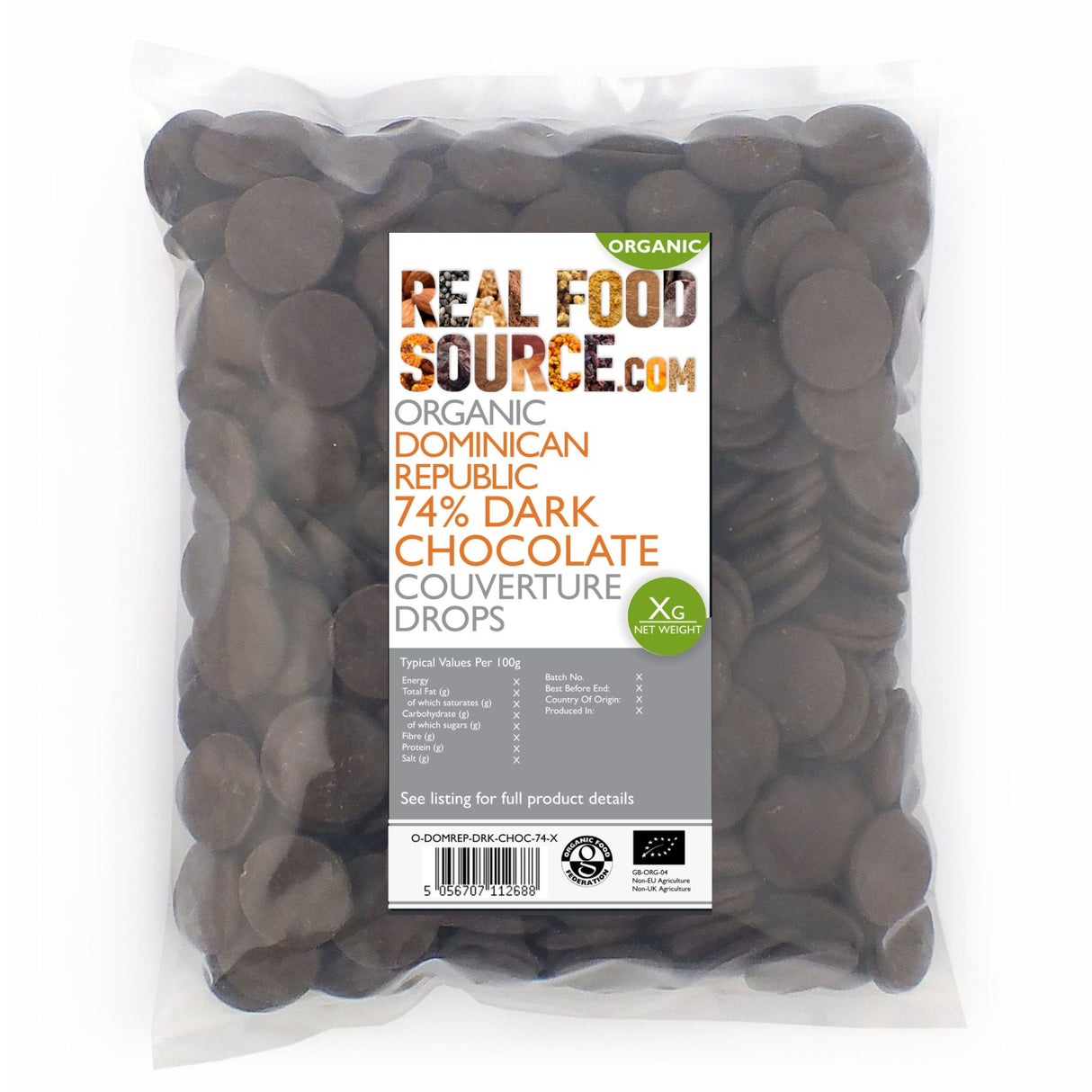 Organic Dominican Republic 74% Dark Chocolate Couverture Drops