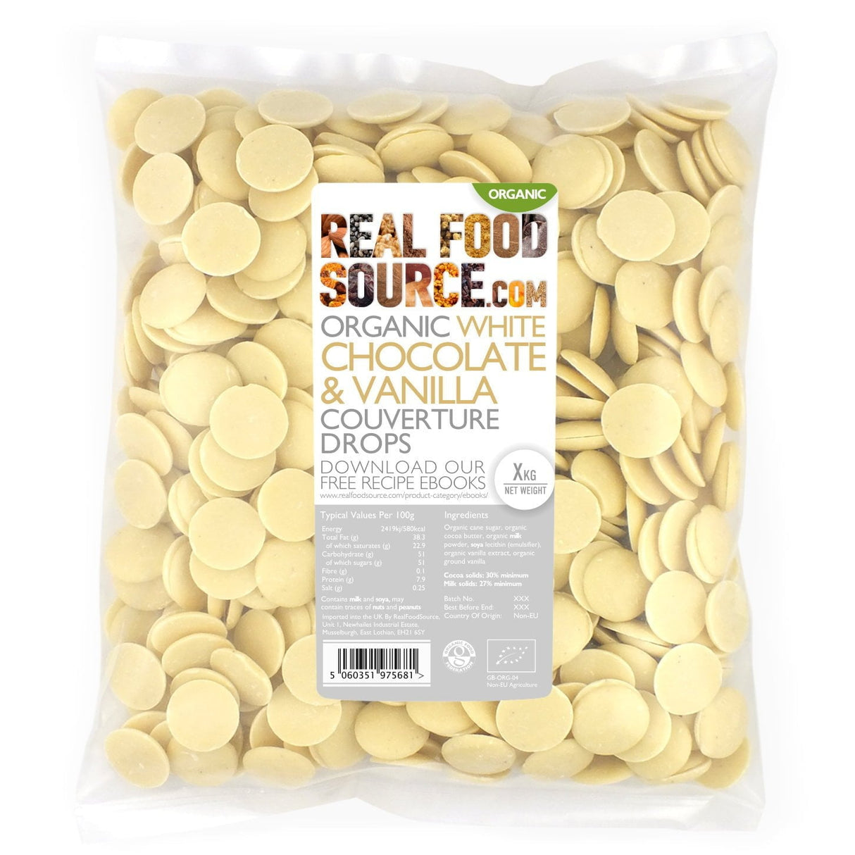 Organic White Chocolate Vanilla Couverture Drops