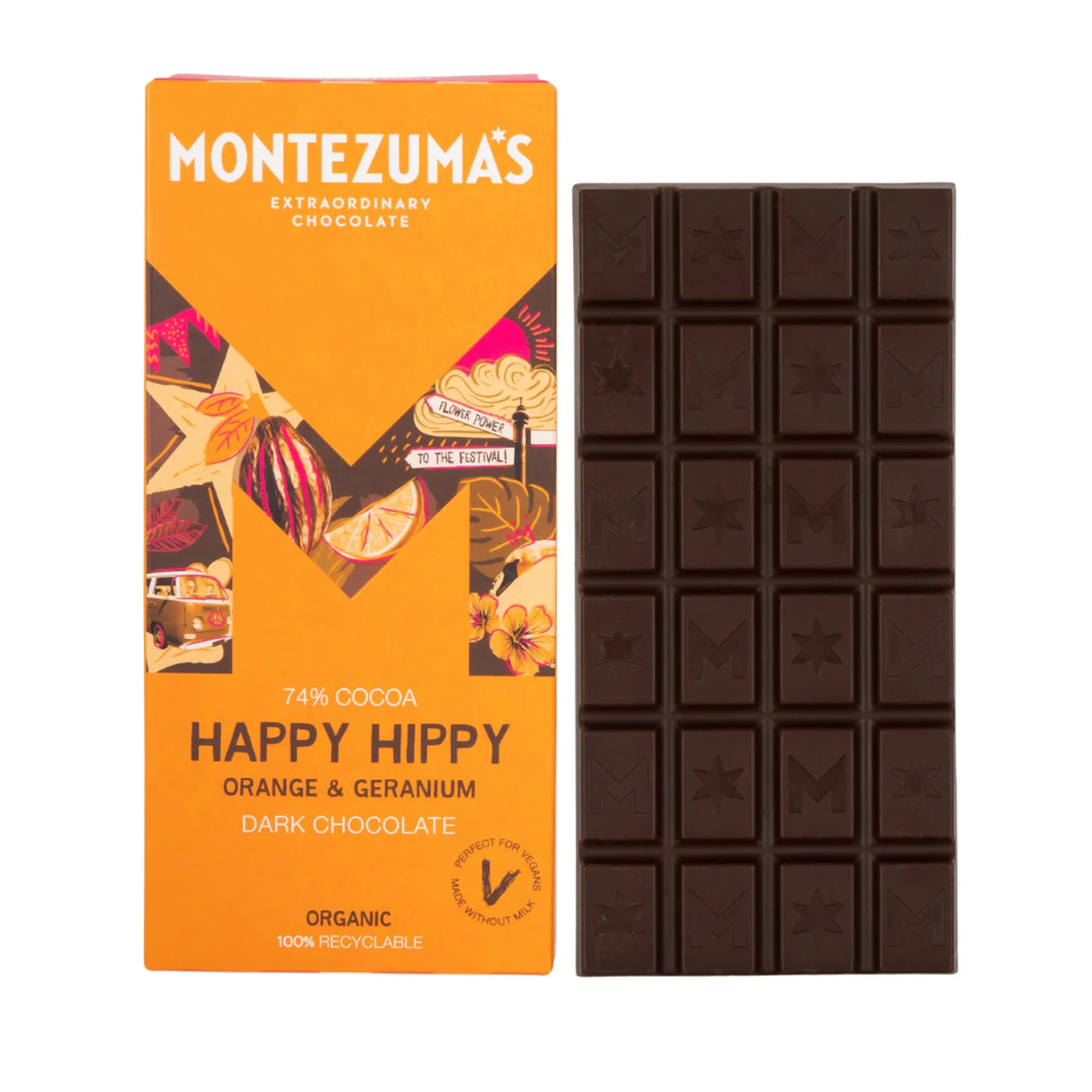 Montezuma's Happy Hippy - Dark Chocolate with Orange & Geranium
