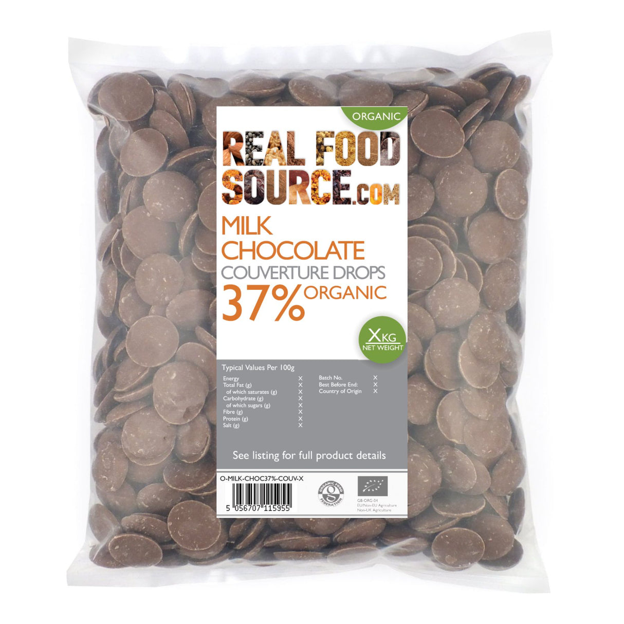 Milk Chocolate Couverture Drops 37%, Organic