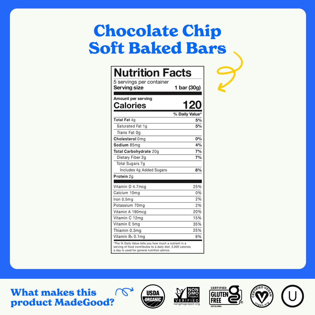 MadeGood Mornings Soft Baked Oat Bars Chocolate Chip