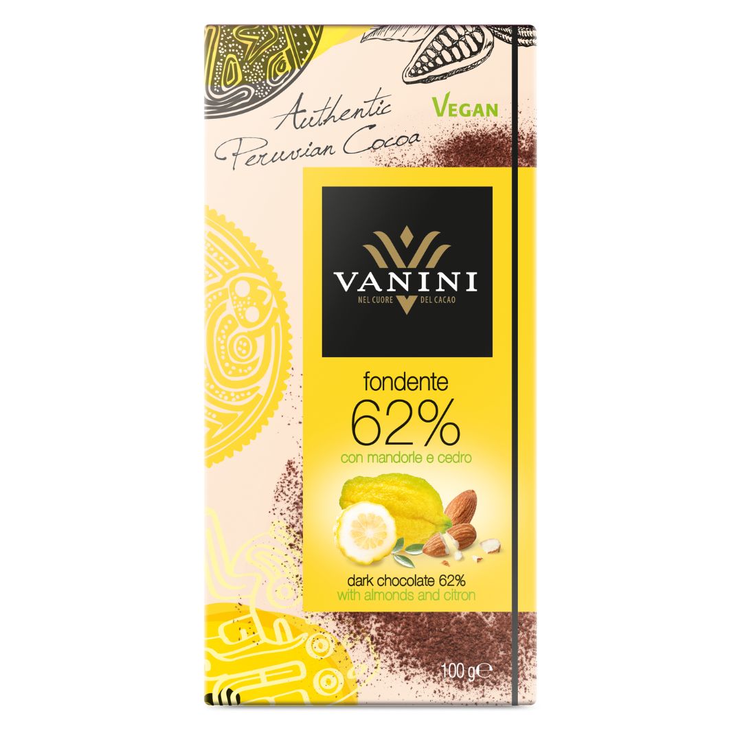 Vanini Single Origin Peru Dark Chocolate Bar 62% with Almonds and Citron