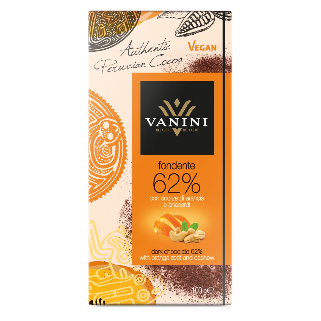 Vanini Single Origin Peru Dark Chocolate Bar 62% with Orange Peel and Cashews