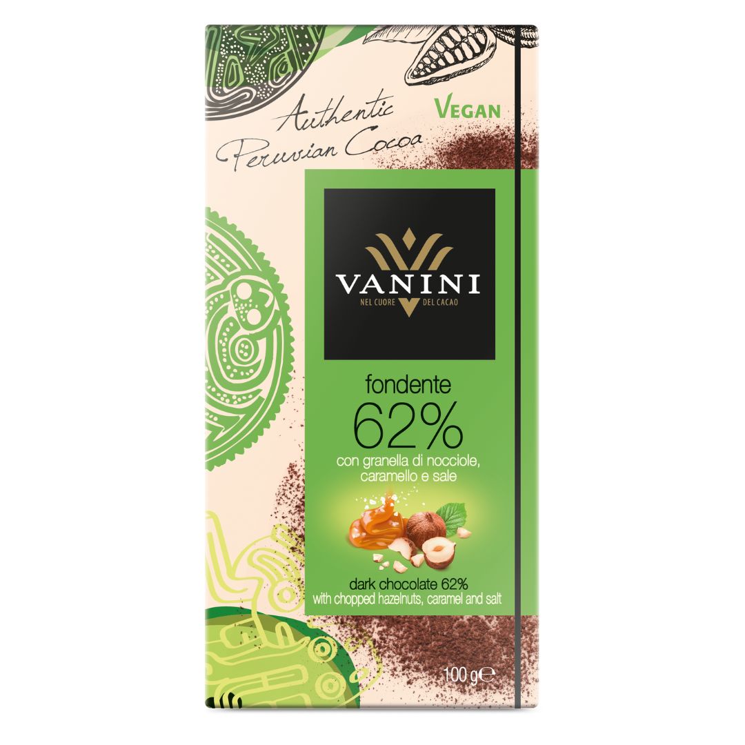 Vanini Single Origin Peru Dark Chocolate Bar 62% with Chopped Hazelnuts, Caramel and Salt