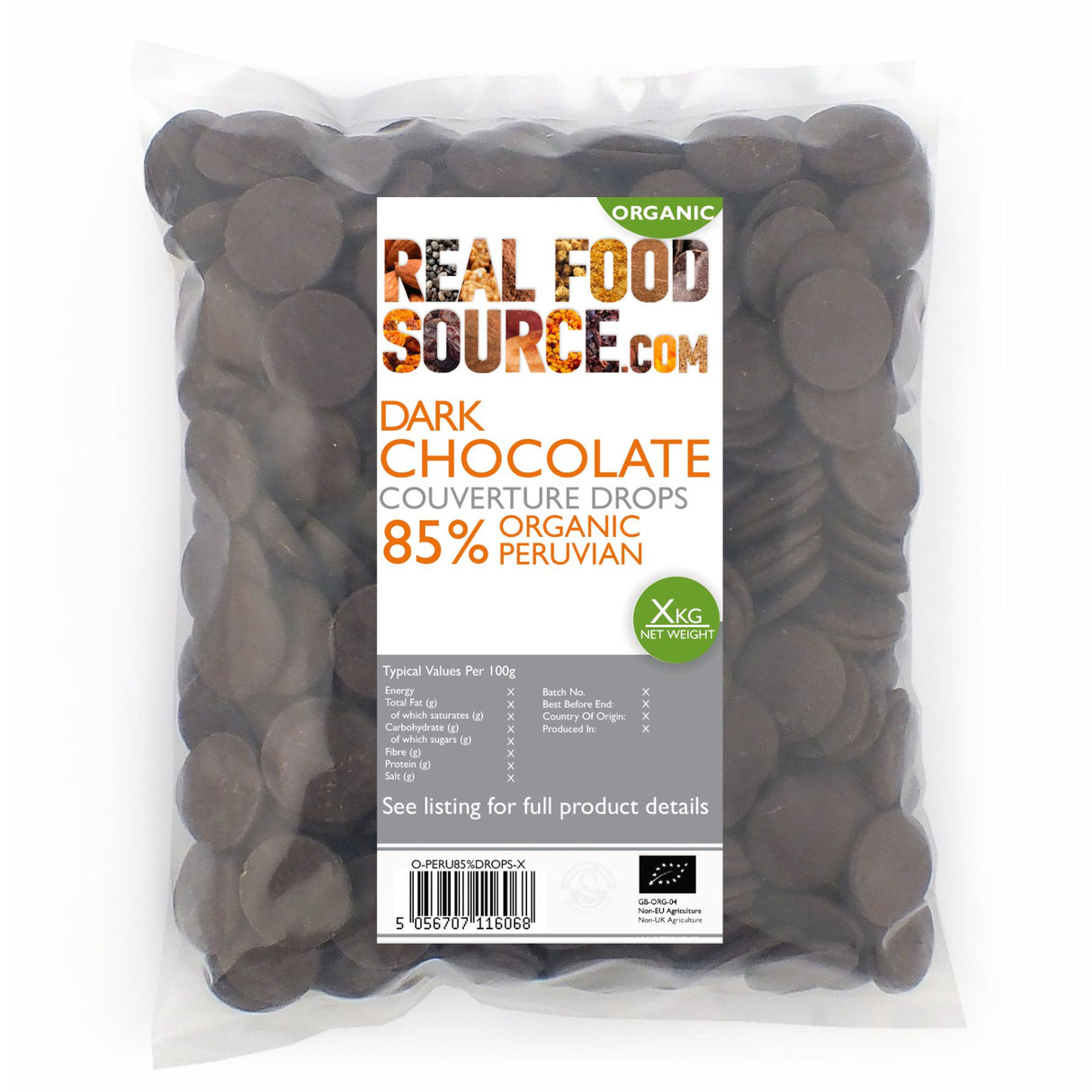 Dark Chocolate Couverture Drops 85%, Organic Peruvian