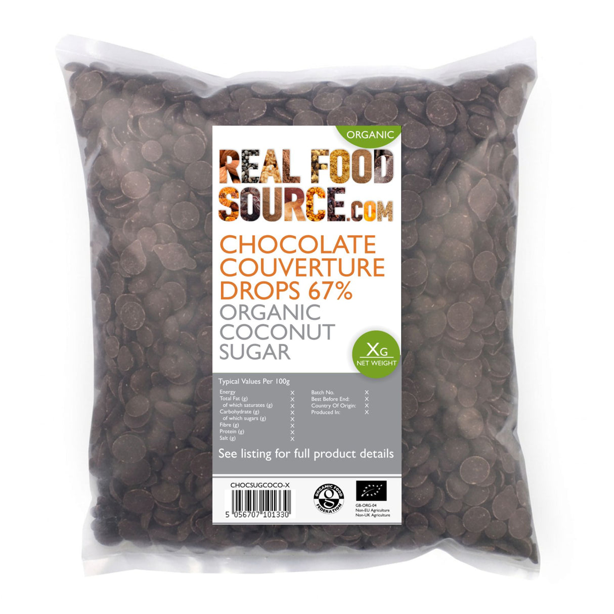 Chocolate Couverture Drops 67%, Organic Coconut Sugar