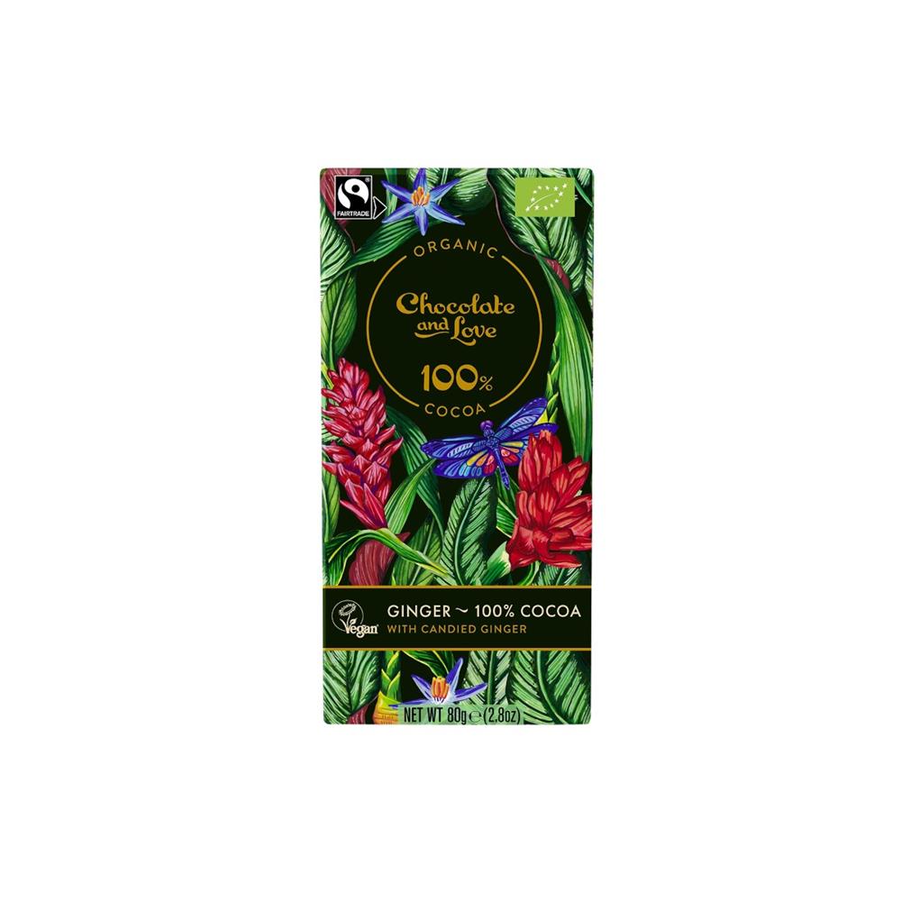 Chocolate & Love - Organic/Fairtrade Ginger 100% Cocoa - Extra Dark Chocolate with Candied Ginger