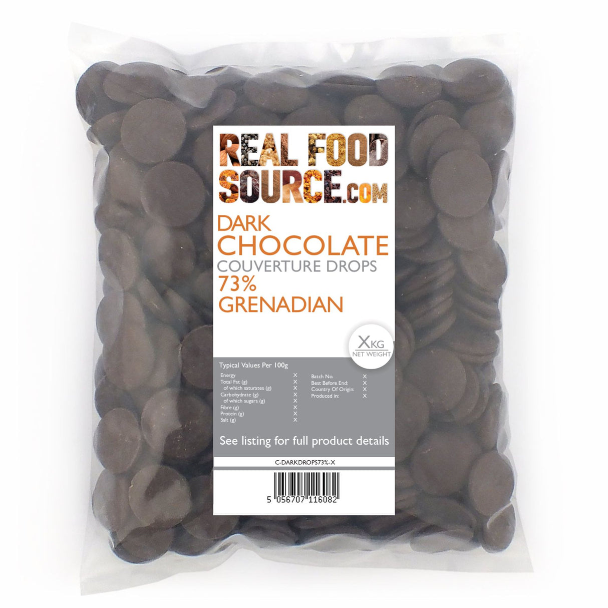 Dark Chocolate Couverture Drops 73%, Grenadian