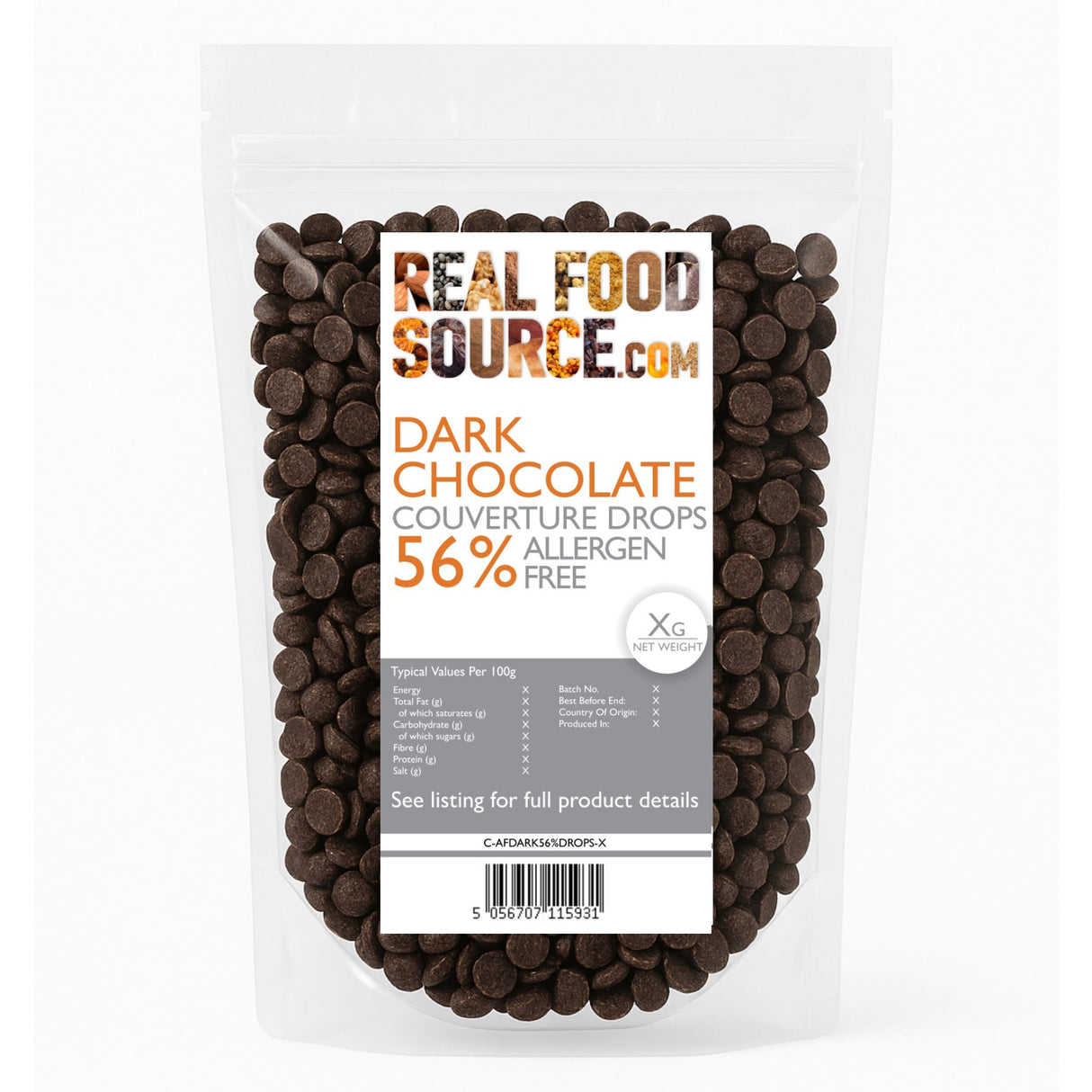 Dark Chocolate Couverture Drops 56%, Allergen-Free