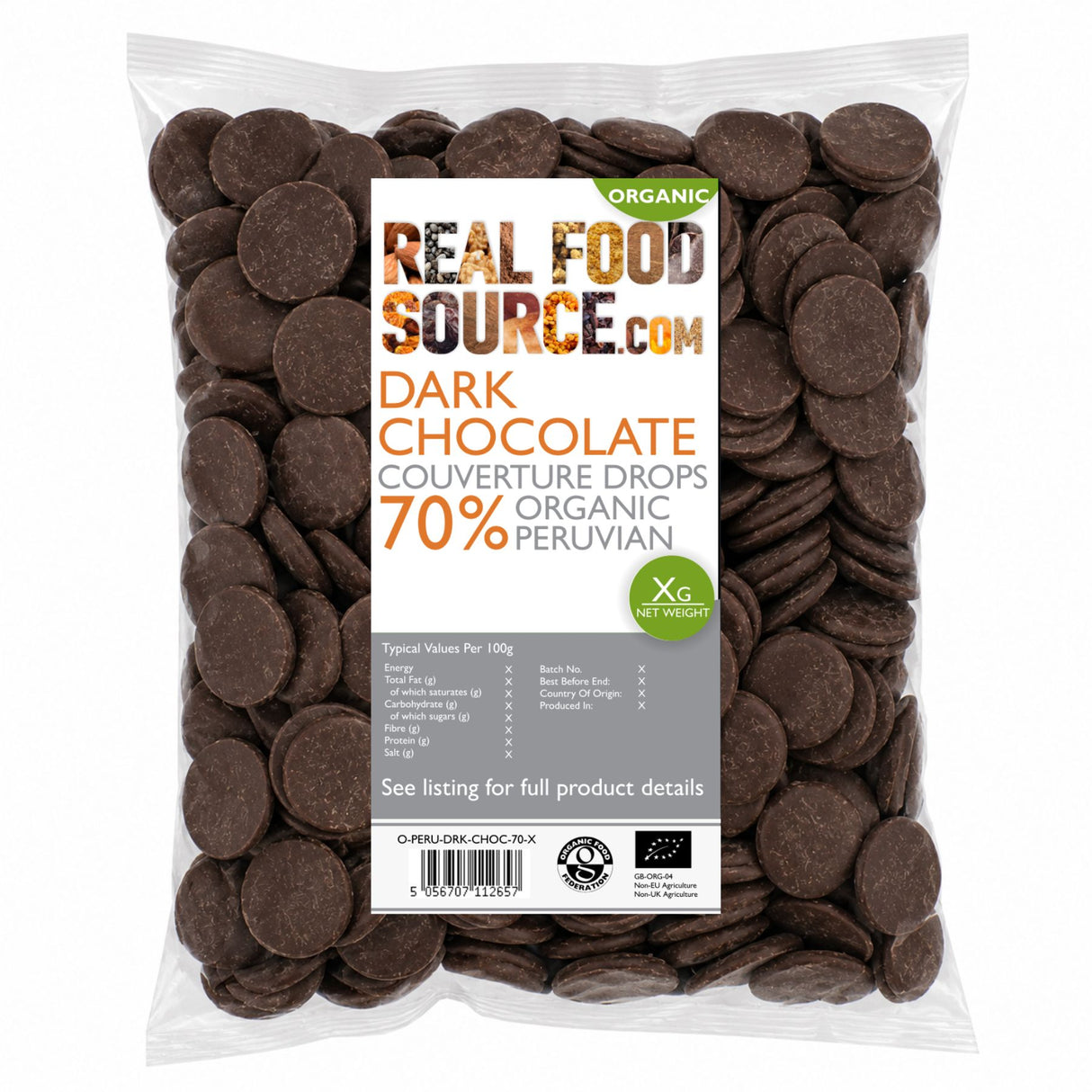 Dark Chocolate Couverture Drops 70%, Organic Peruvian