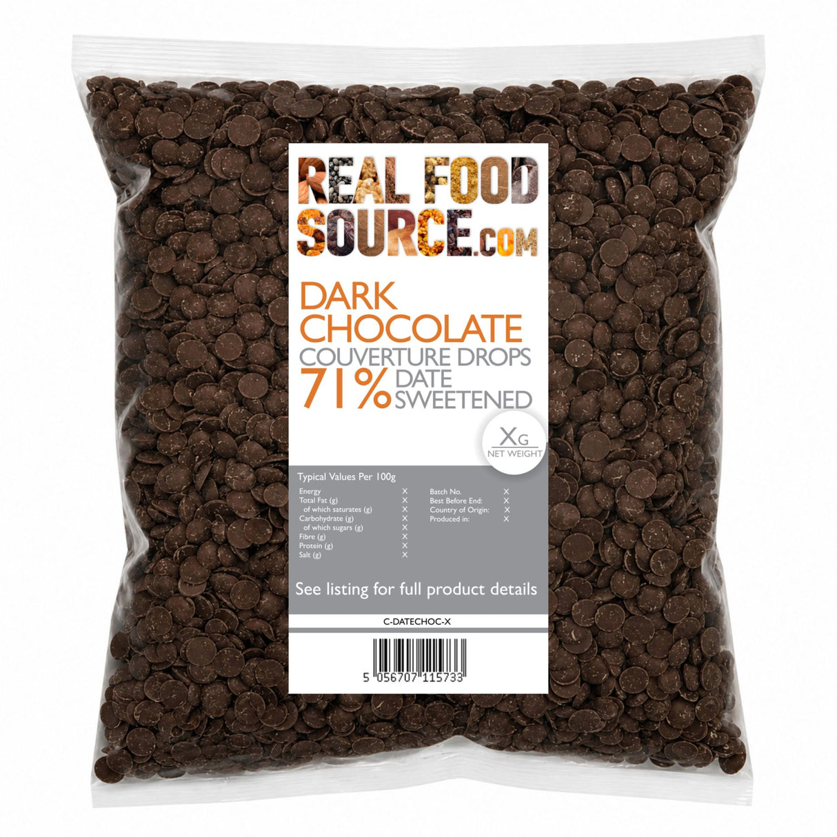 Dark Chocolate Couverture Drops 71%, Date-Sweetened