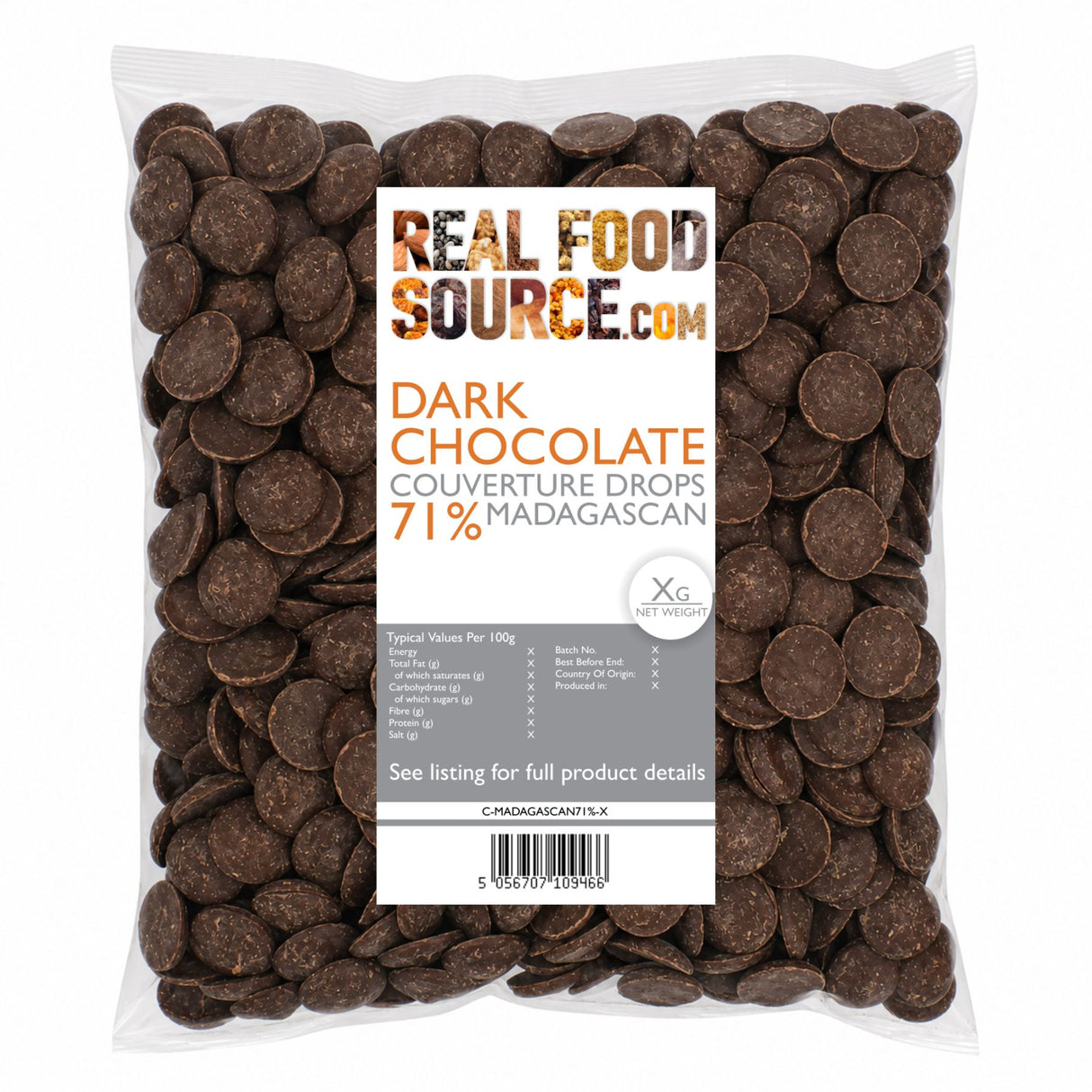 Dark Chocolate Couverture Drops 71%, Madagascan