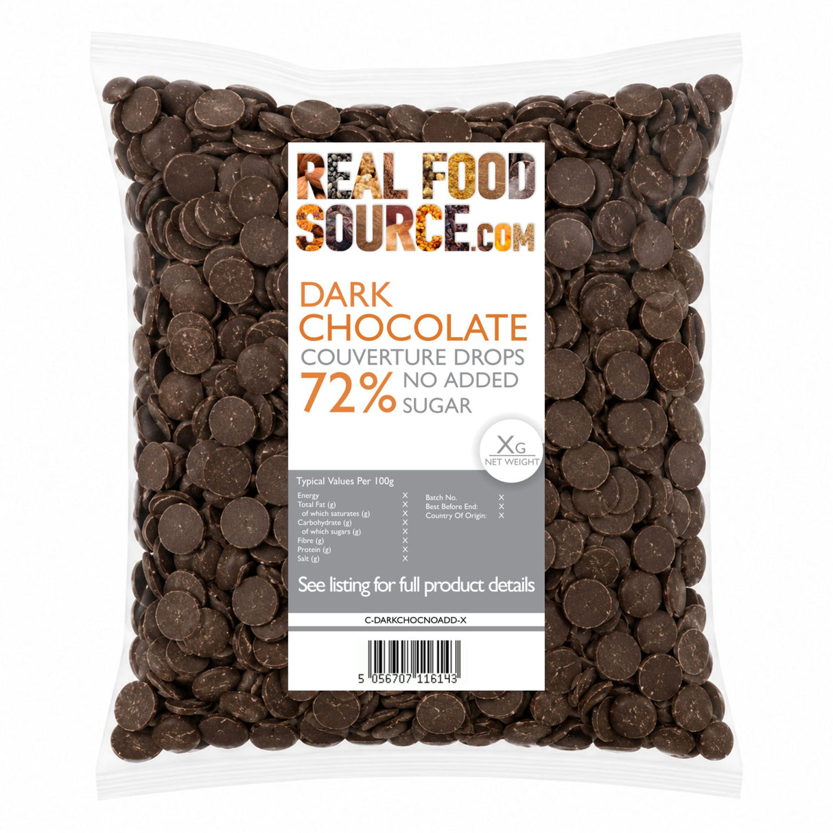 Dark Chocolate Couverture Drops 72%, No Added Sugar