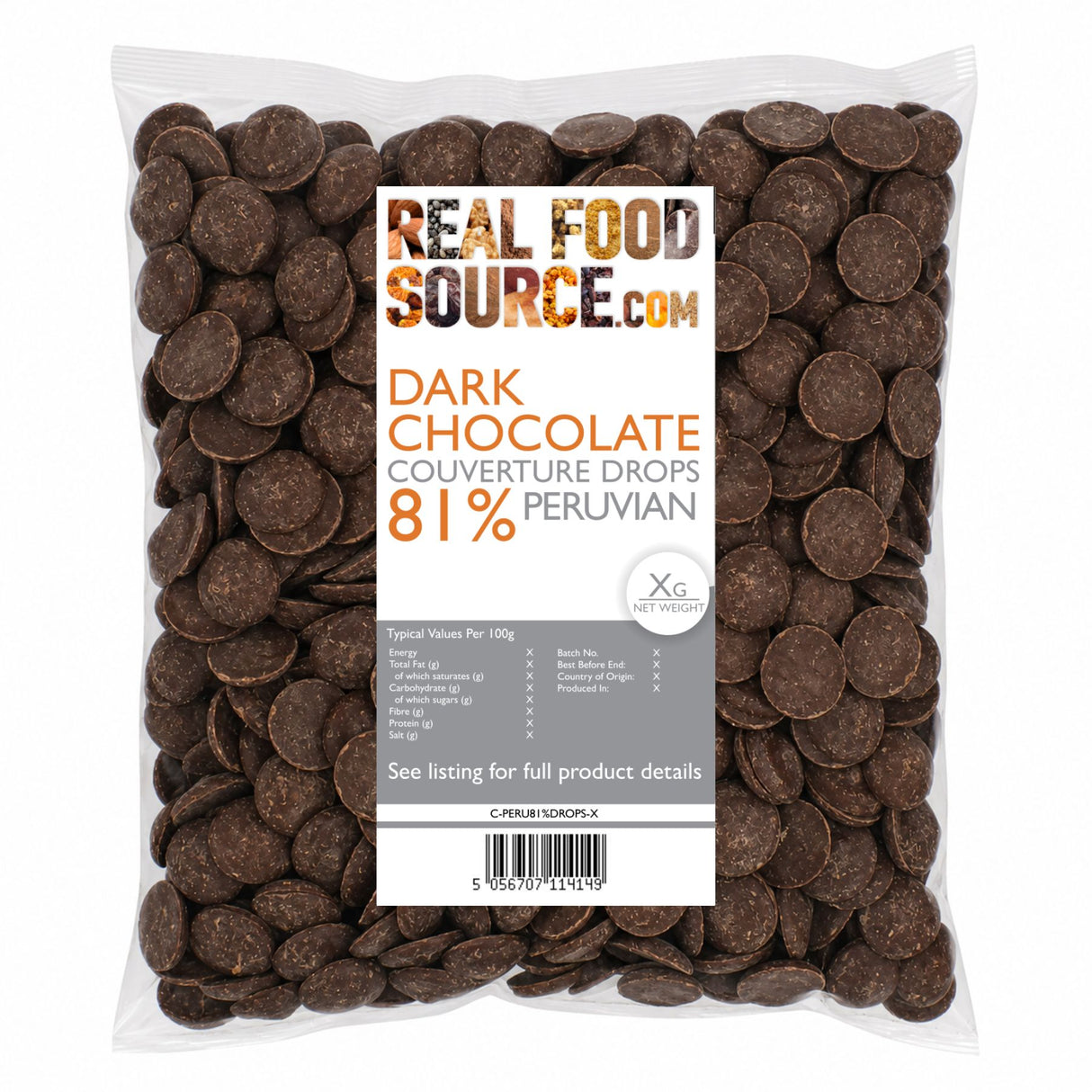 Dark Chocolate Couverture Drops 81%, Peruvian