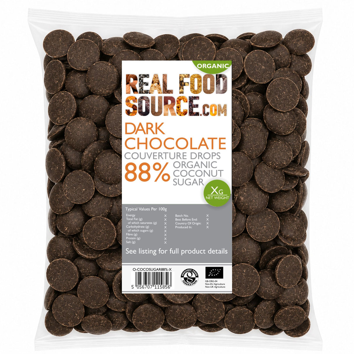 Dark Chocolate Couverture Drops 88%, Organic Coconut Sugar