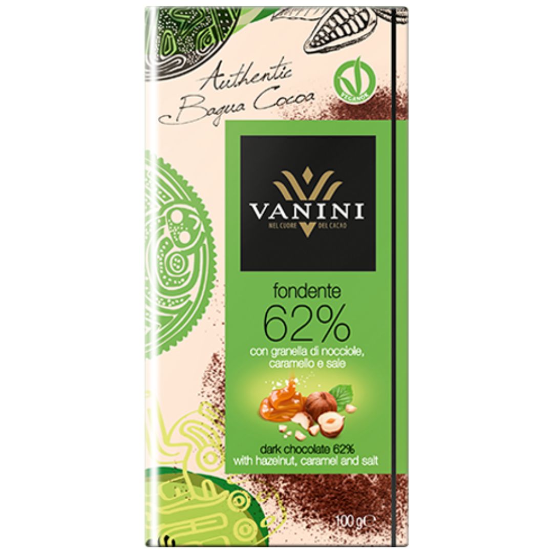 Vanini 62% Dark Chocolate Bar with Caramel, Hazelnuts and Salt