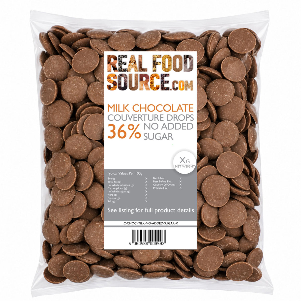 Milk Chocolate Couverture Drops 36%, No Added Sugar