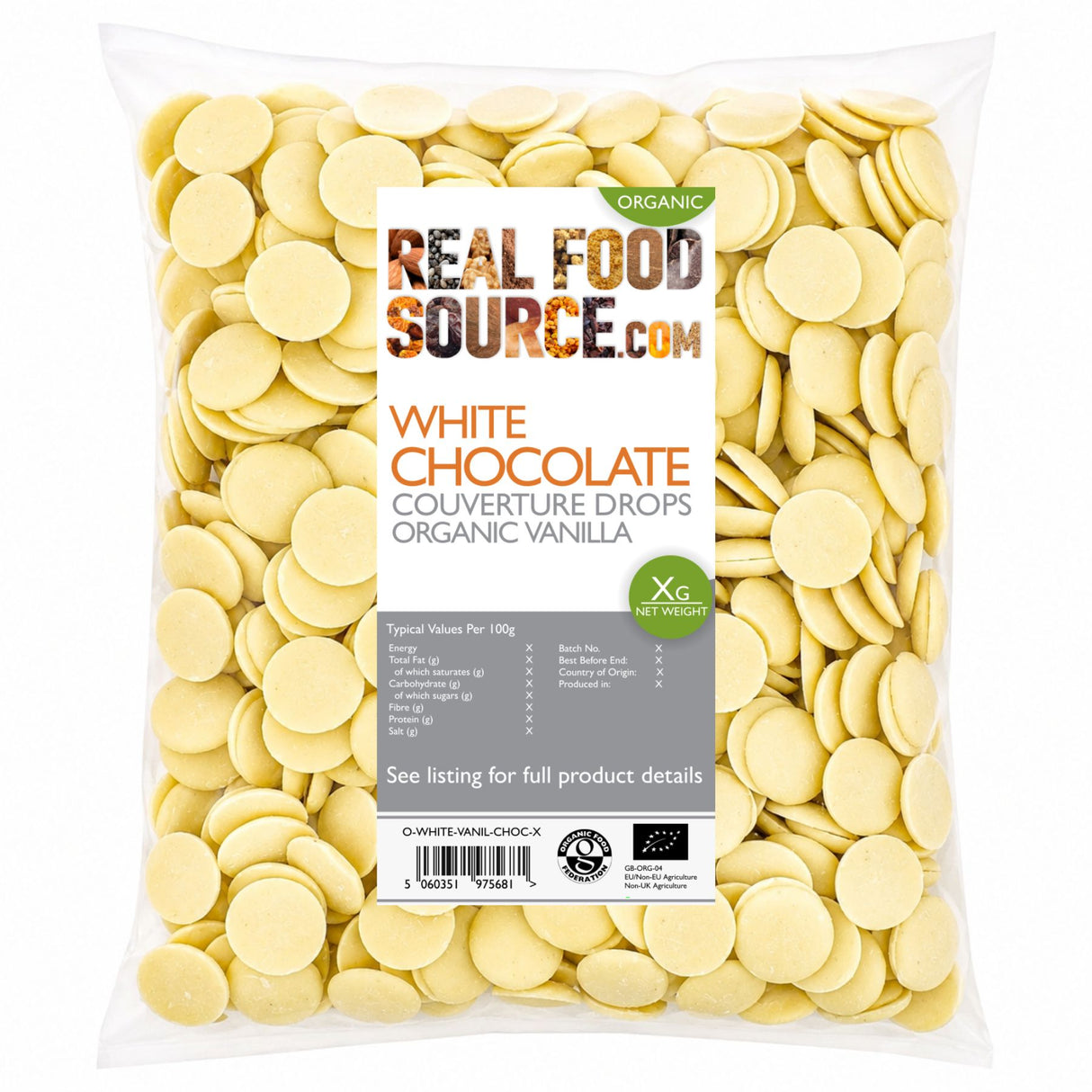 White Chocolate Couverture Drops, Organic Vanilla