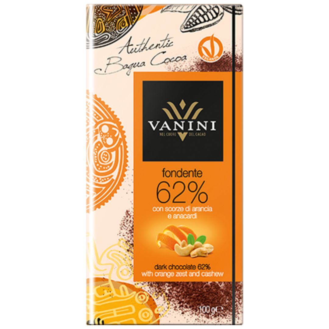 Vanini 62% Dark Chocolate Bar with Orange Zest and Cashew