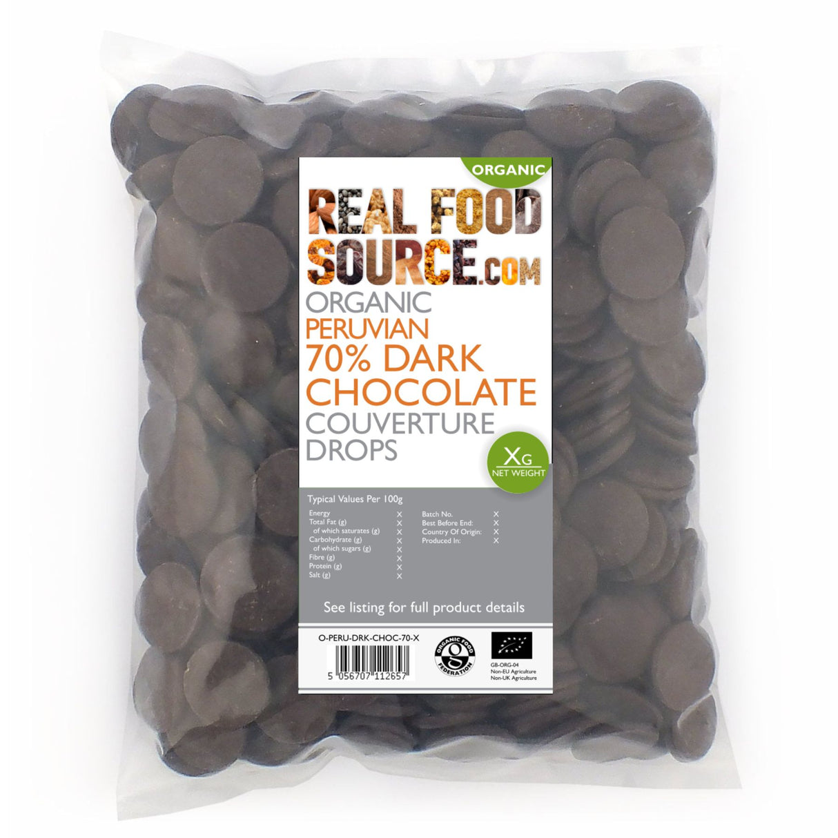 Organic Peruvian 70% Dark Chocolate Couverture Drops