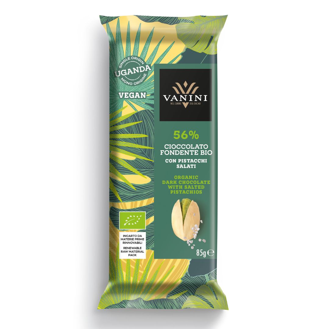 Organic Vanini Uganda Dark Chocolate Bar 56% with Salted Pistachios