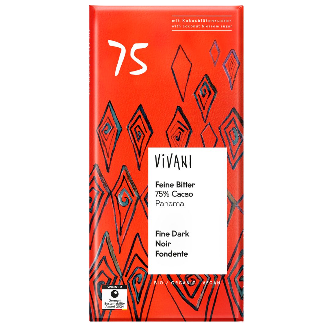 Organic Vivani 75% Fine Dark Vegan Chocolate Bar Sweetened with Coconut Blossom Sugar