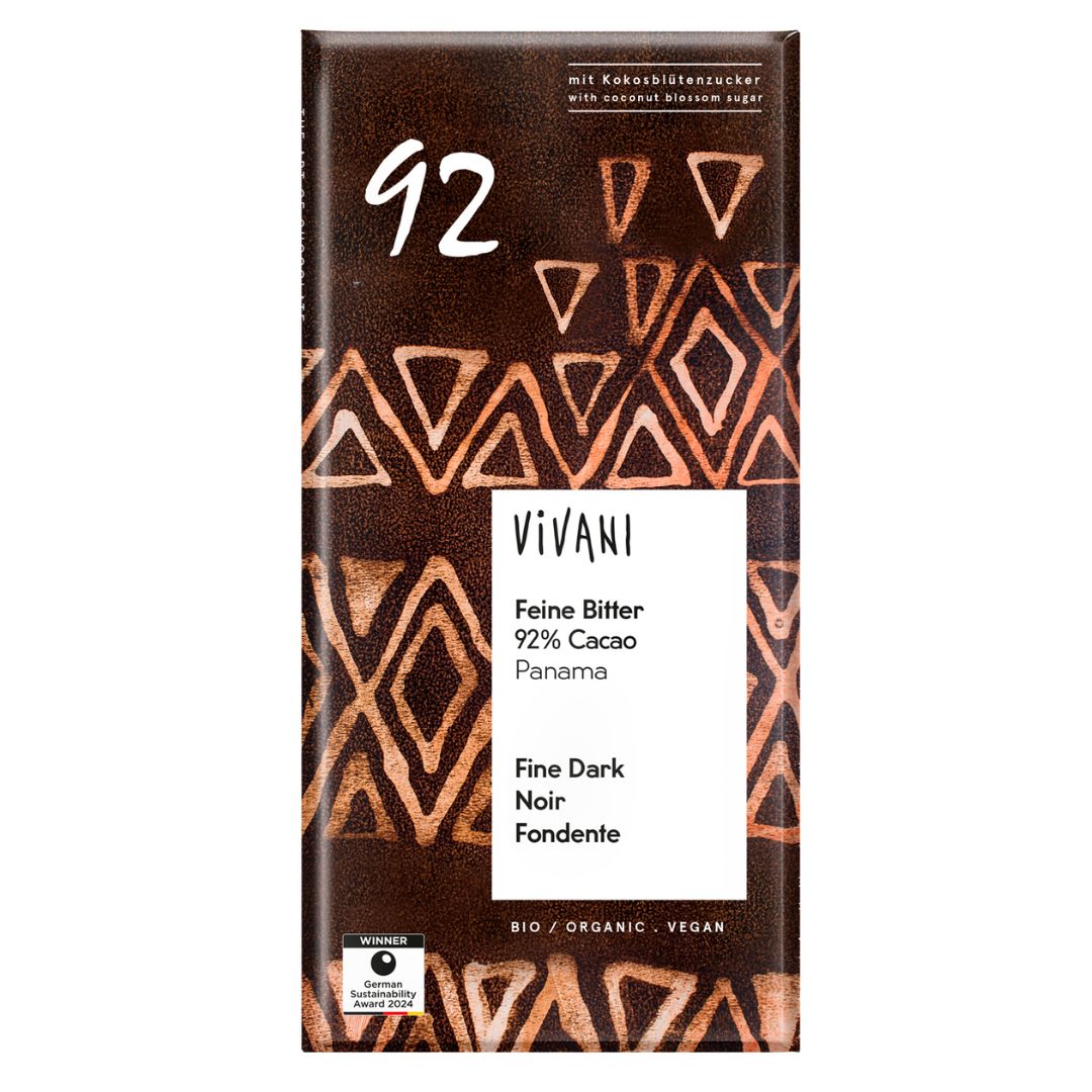 Organic Vivani 92% Fine Dark Vegan Chocolate Bar Sweetened with Coconut Blossom Sugar